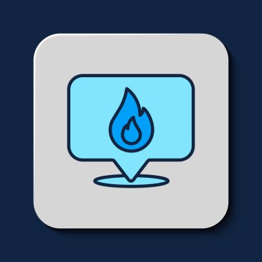 Mavi arkaplanda izole edilmiş ateş alev ikonu ile ana hatlı harita işaretleyicisi. Yakında yangın var. Vektör.