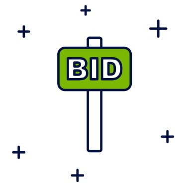 Açık arttırma raketi simgesi beyaz arka planda ele geçirilmiş. Teklif konsepti. Açık arttırma yarışması. BID yazıtları olan el kaldırma işaretleri. Vektör.