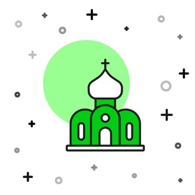 Beyaz arka planda izole edilmiş ana hatlı kilise binası ikonu. Hıristiyan Kilisesi. Kilisenin dini. Vektör.