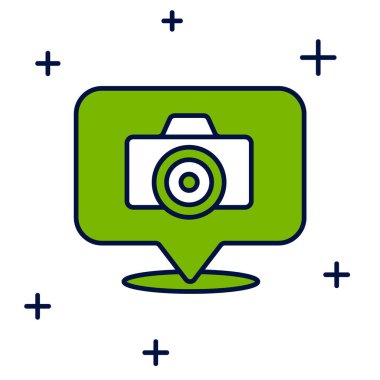 Beyaz arkaplanda izole edilmiş ana hatlı fotoğraf makinesi simgesi. Foto kamera. Dijital fotoğrafçılık. Vektör.