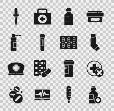 Set Bottle of medicine syrup Cross hospital medical Inhaler Test tube with blood nozzle spray Pipette and Pills blister pack icon. Vector.