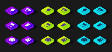 Set Baseball ball Bowling pin Pommel horse Fitness shaker Medal and Racket for playing table tennis icon. Vector.