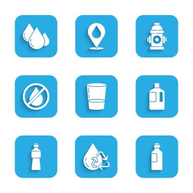 Set Glass with water Recycle clean aqua Bottle of Big bottle Water drop forbidden Fire hydrant and icon. Vector.