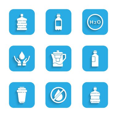 Set Water jug with a filter drop forbidden Big bottle clean water Bottle of cartridge Washing hands soap Chemical formula H2O and icon. Vector.