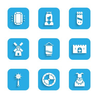 Set Medieval flag Round wooden shield Joker head castle gate chained mace ball Windmill Quiver with arrows and Diamond icon. Vector.