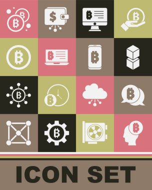Set Bitcoin think Blockchain technology Mining bitcoin from monitor laptop and mobile icon. Vector.