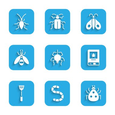 Set Spider Worm Ladybug Book about insect Fly swatter Bee Butterfly and Cockroach icon. Vector.
