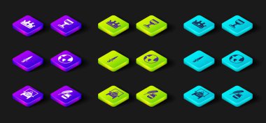 Set Glass showcase for exhibit Feather and inkwell Dagger Earth globe Medieval goblet and King crown icon. Vector.