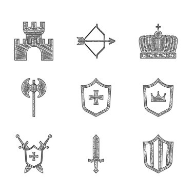Set Shield Medieval sword with crown shield swords axe King and Castle fortress icon. Vector.