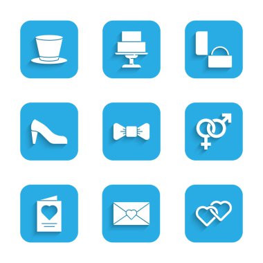 Set Bow tie Envelope with Valentine heart Two Linked Hearts Gender Greeting card Woman shoe Diamond engagement ring and Cylinder hat icon. Vector.