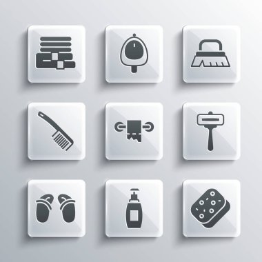 Set Bottle of liquid soap Sponge Shaving razor Toilet paper roll Flip flops Hairbrush Towel stack and Brush for cleaning icon. Vector.