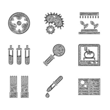 Set Microorganisms under magnifier Pipette Clinical record 3D printing technology Medical rubber gloves Reagent bottle Automatic irrigation sprinklers and Biohazard symbol icon. Vector.