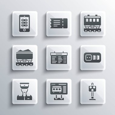 Set Ticket office to buy tickets Train traffic light Electrical outlet station board conductor Coal train wagon Buy online and Passenger cars icon. Vector.