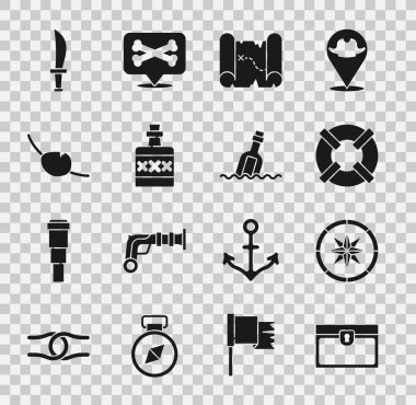 Set Antique treasure chest Compass Lifebuoy Pirate map Alcohol drink Rum eye patch sword and Bottle with message water icon. Vector.