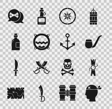 Set Pirate captain Decree parchment scroll Smoking pipe Compass Ship porthole with seascape Alcohol drink Rum Location pirate and Anchor icon. Vector.