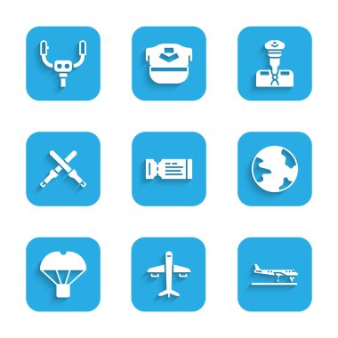 Set Airline ticket Plane Worldwide Box flying on parachute Marshalling wands Pilot and Aircraft steering helm icon. Vector.