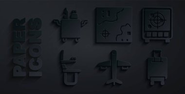 Set Plane Radar with targets on monitor Airplane seat Suitcase World travel map and Trolley for food icon. Vector.