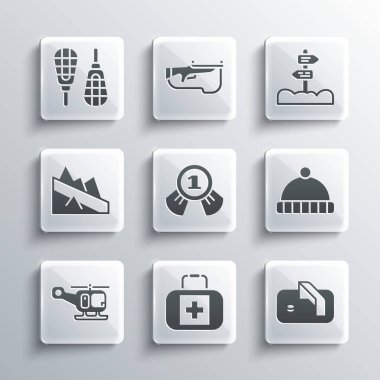 Set First aid kit Ice hockey goal Winter hat Medal Rescue helicopter Mountain descent Snowshoes and Road traffic signpost icon. Vector.