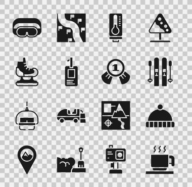 Set Hot chocolate cup Winter hat Ski and sticks Meteorology thermometer Identification badge Skates goggles and Medal icon. Vector.