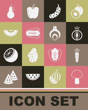 Set Mushroom Carrot Tomato Fresh cucumber Cabbage Melon fruit Pear and Onion icon. Vector.