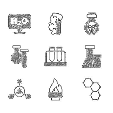 Set Test tube and flask Alcohol or spirit burner Chemical formula Molecule Poison in bottle and H2O icon. Vector.