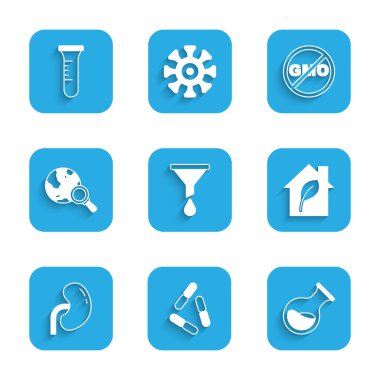 Set Funnel or filter Virus Test tube and flask Eco friendly house Human kidney Magnifying glass with globe No GMO and icon. Vector.