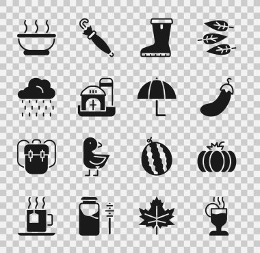 Set Mulled wine Pumpkin Eggplant Waterproof rubber boot Farm house Cloud with rain Bowl hot soup and Umbrella icon. Vector.