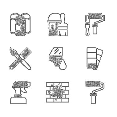 Set Car painting Painting the house roller brush Color palette guide spray gun and can icon. Vector.