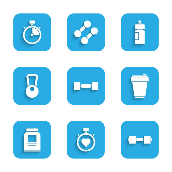 Set Dumbbell Heart in the center stopwatch Fitness shaker Sports nutrition Kettlebell and Stopwatch icon. Vector.