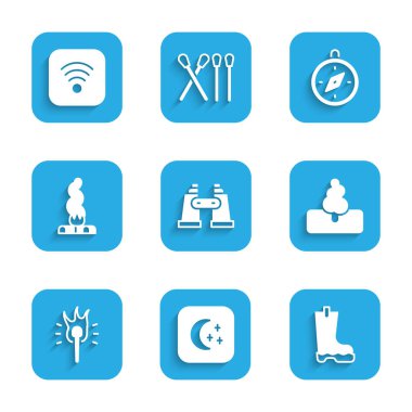Set Binoculars Moon and stars Waterproof rubber boot Tree Torch flame Campfire Compass and Wi-Fi wireless internet icon. Vector.