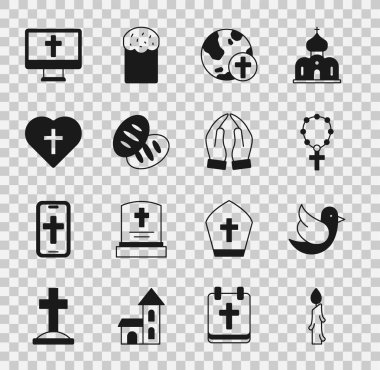 Set Burning candle Dove Rosary beads religion Christian cross with globe bread heart monitor and Hands praying position icon. Vector.