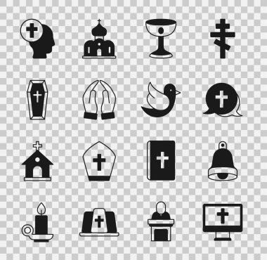 Set Christian cross on monitor Church bell chalice Hands in praying position Coffin Priest and Dove icon. Vector.