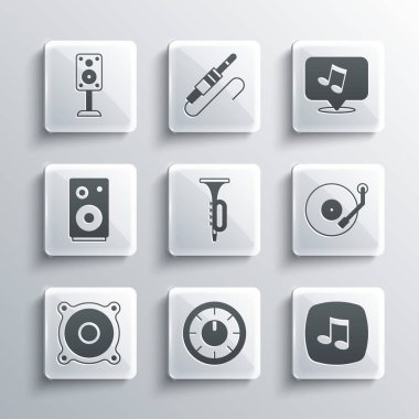 Set Sound mixer controller Music note tone Vinyl player Trumpet Stereo speaker and icon. Vector.