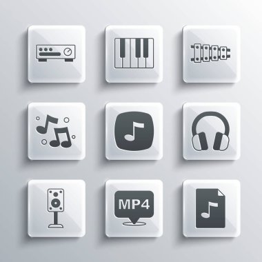 Set MP4 file document MP3 Headphones Music note tone Stereo speaker Sound mixer controller and Xylophone icon. Vector.