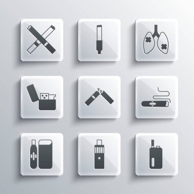 Set Vape mod device Electronic cigarette Cigar Broken Lighter Cigarette and Disease lungs icon. Vector.