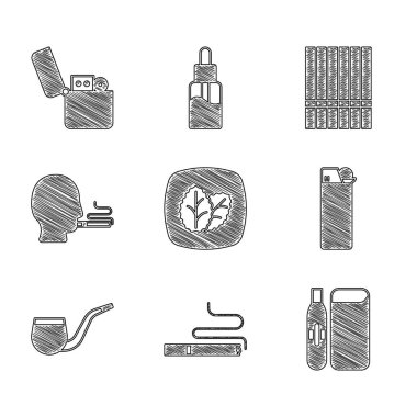 Set Tobacco leaf Cigarette Electronic cigarette Lighter No pipe smoking Man and icon. Vector.