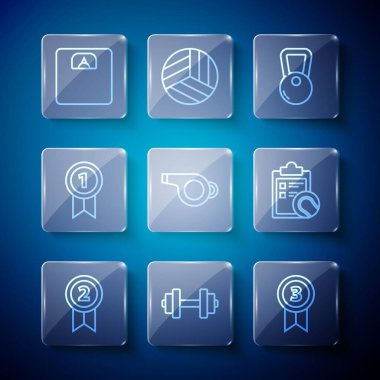 Set line Medal Dumbbell Kettlebell Whistle Bathroom scales and Checklist clipboard and tennis ball icon. Vector.