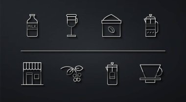 Set line Bottle with milk Coffee shop French press bean branch Irish coffee V60 maker and Bag beans icon. Vector.