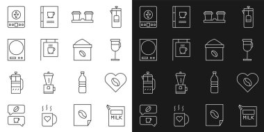 Set line Paper package for milk Coffee Lovers Irish coffee cup to go Street signboard Electronic scales and Bag beans icon. Vector.