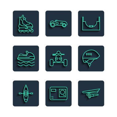 Set line Kayak or canoe Action extreme camera Hang glider Skate park ATV motorcycle Jet ski Roller skate and Bicycle helmet icon. Vector.