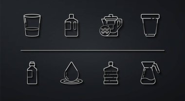 Set line Glass with water Bottle of Water filter cartridge Big bottle clean drop Jug glass and jug icon. Vector.