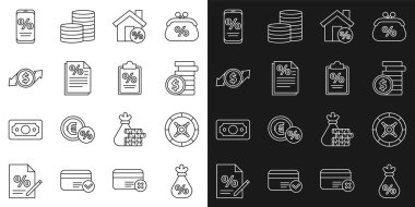 Set line Money bag with percent Safe Coin money dollar House percant discount Finance document Financial growth and Percent mobile and icon. Vector.