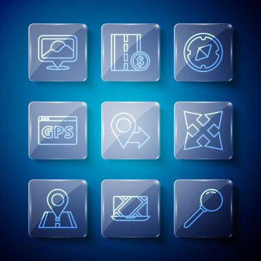 Set line Location City map navigation Push pin Compass Gps device with and Road traffic sign icon. Vector.