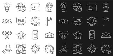 Set line Create account screen Users group Location marker Resume Speech bubble with job Project team base Head lamp bulb and icon. Vector.