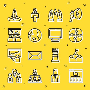 Set line Browser files Mountains with flag Piece of puzzle Growth chart and progress Earth globe Training presentation Rocket and Computer monitor icon. Vector.