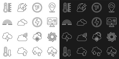 Set line Cloud with rain and lightning Tornado Weather forecast Fahrenheit Rainbow Meteorology thermometer and Lightning bolt icon. Vector.