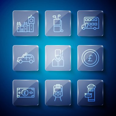 Set line Pound sterling money Tram and railway London mail box Double decker bus British soldier Taxi car Big Ben tower and Coin with pound icon. Vector.