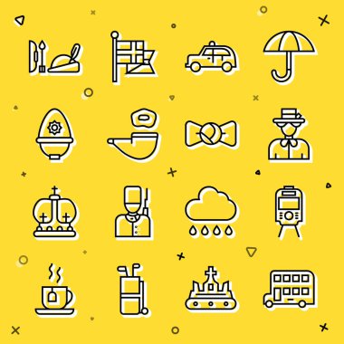 Set line Double decker bus Tram and railway Queen Elizabeth Taxi car Smoking pipe British police helmet Robin hood hat and Bow tie icon. Vector.