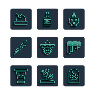 Set line Mexican drum Cactus wrestler Burning candle on skull man sombrero Snake and Pan flute icon. Vector.