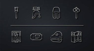 Set line Paint brush Portrait museum Stone age hammer Dinosaur skull Museum ticket Roman army helmet guide brochure and Medieval iron icon. Vector.